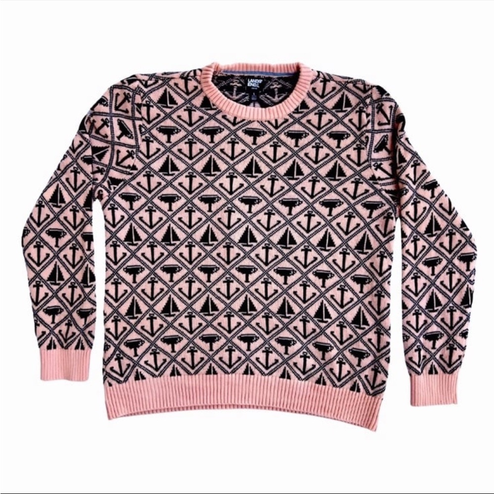 Lands End Sweater Drifter Pullover Mens Size L Nautical 100% Cotton Pink/Navy